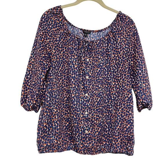 Ann Taylor Blue & Orange Spotted Peasant Boho Blouse Womens S Buttons 3/4 Sleeve - Picture 1 of 8